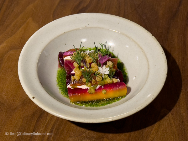 Young beets cooked in the fire, sheep's yoghurt and pickled cucumber