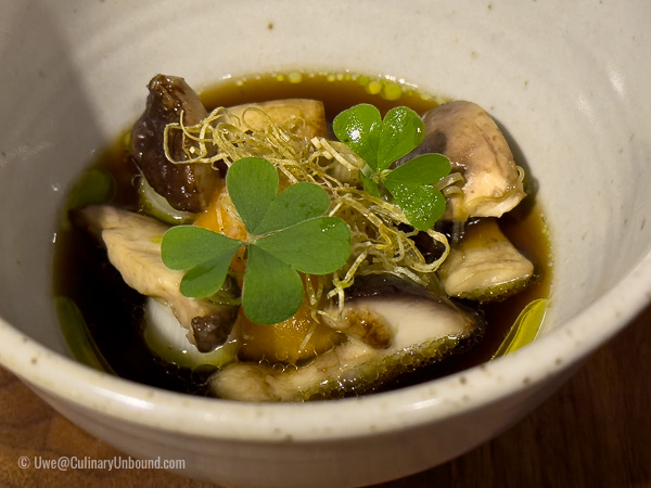 Porcini mushroom and chicken egg with steamed leek, soup fat and wild mushroom bouillon