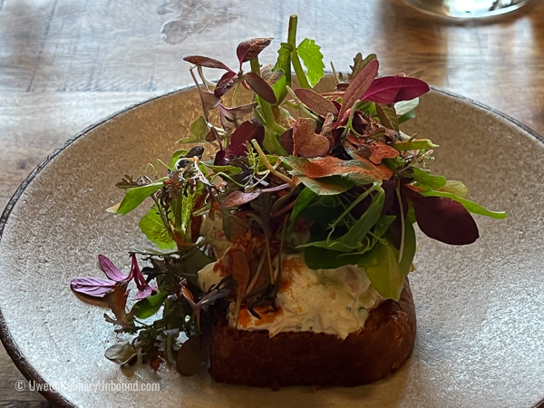 Shrimps Smørrebrød - Brioche, Yuzu, seasonal herbs