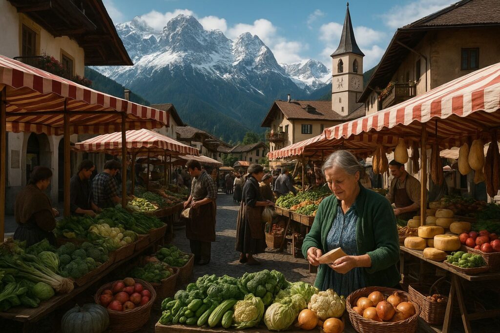 Vibrant market with fresh products in front of alpine mountains
