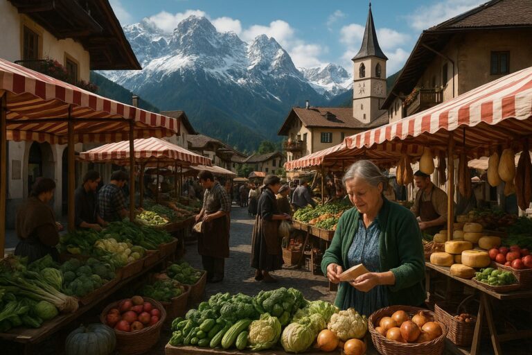 Vibrant market with fresh products in front of alpine mountains