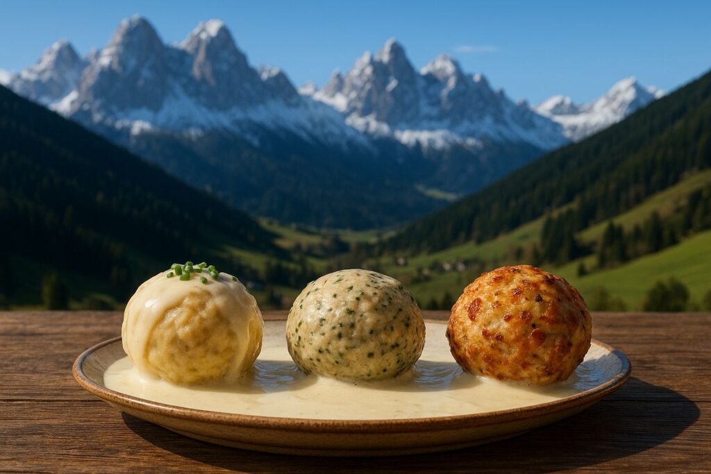 Three dumplings on a plate with alpine mountain the background.