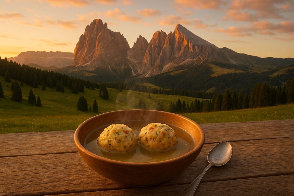 Steaming dumplings in scenic alpine mountain setting.