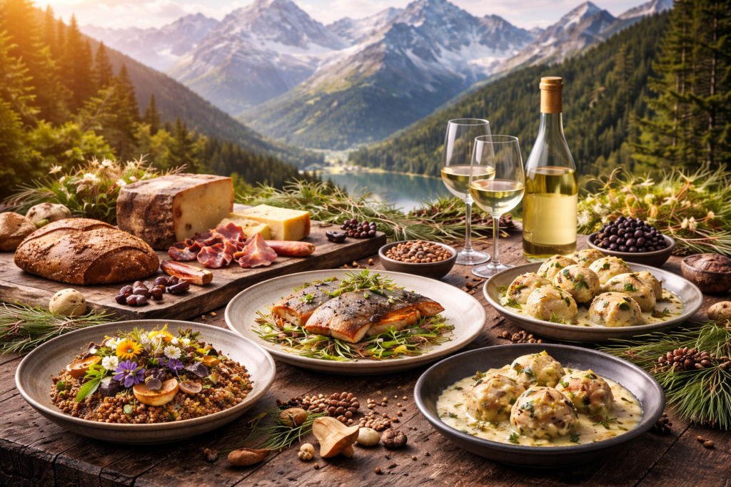 Alpine food on rustic table in front of a scenic alpine landscape